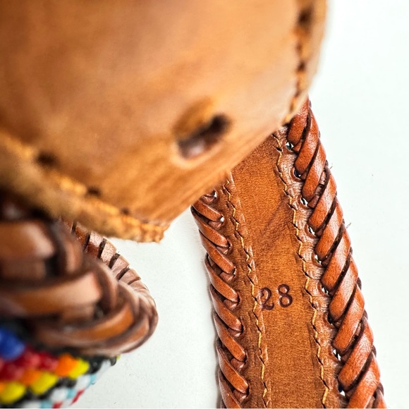 Vintage Hand-Beaded Leather Belt | Boho Western | Braided Leather Patina Buckle main image 9